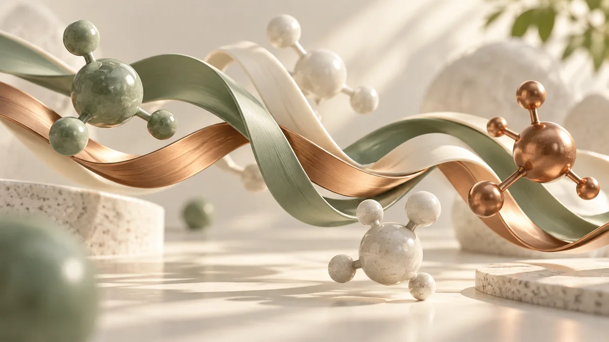 Sage, ivory, and copper ribbons intertwined with abstract molecular forms.