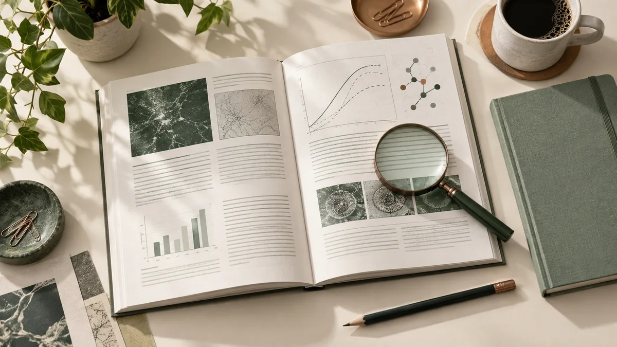 A magnifying glass and notebook beside an open research publication.